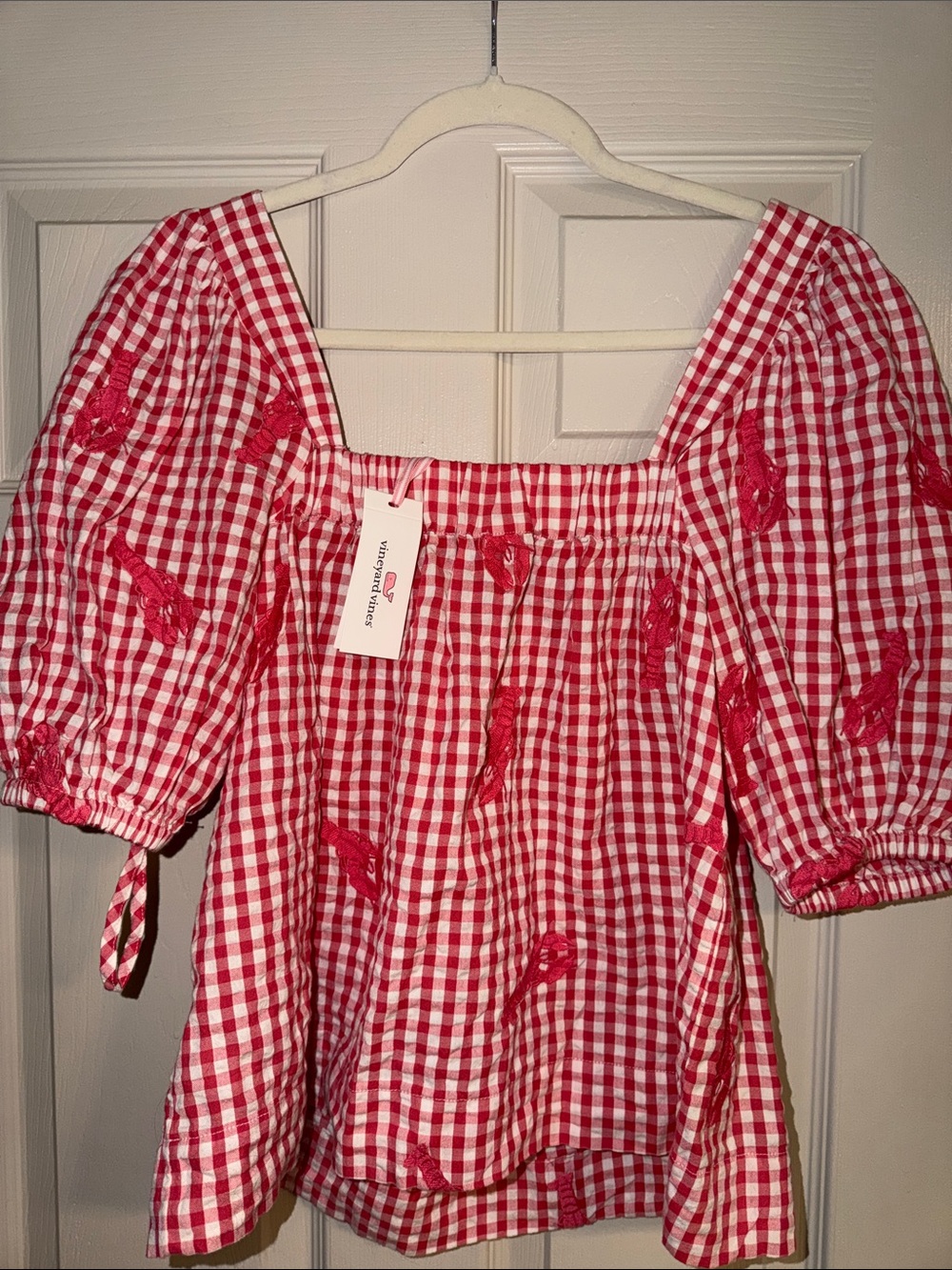 Vineyard Vines Red Gingham Puff Sleeve Top with Embroidered Lobsters